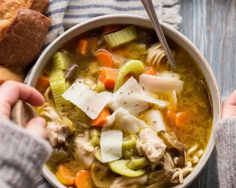 Homestyle Chicken Noodle Soup with vegetables, chicken, noodles, and savory broth