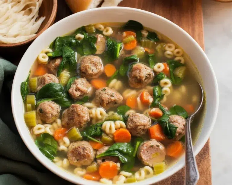 Bowl of Italian wedding soup with meatballs, greens, and pasta in rich broth.