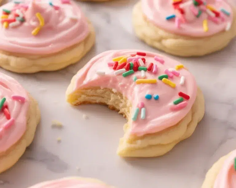 Lofthouse Style Sugar Cookies with pink buttercream frosting and colorful sprinkles.