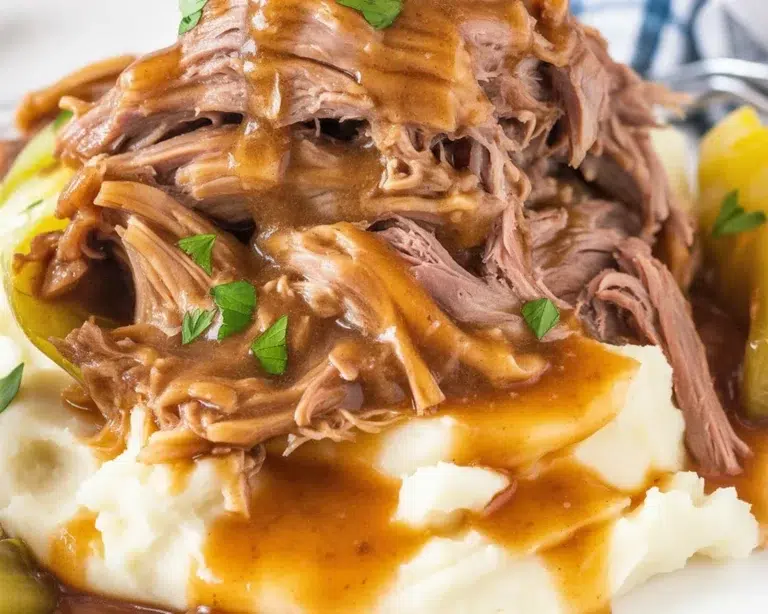 Delicious Mississippi Pot Roast served with gravy and pepperoncini peppers.