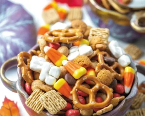 Colorful Halloween trail mix with candy corn, pretzels, and seasonal treats.