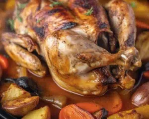 One pan roasted chicken with colorful vegetables, perfectly seasoned and golden brown.