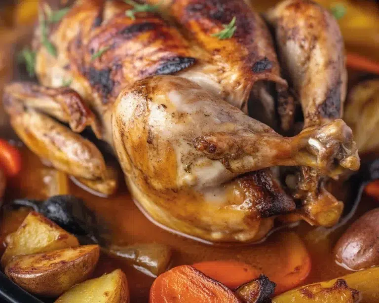 One pan roasted chicken with colorful vegetables, perfectly seasoned and golden brown.