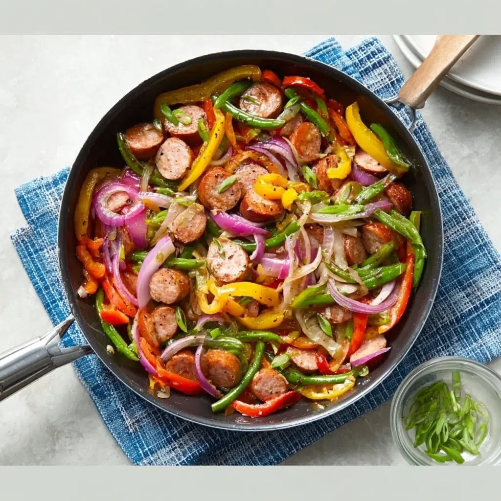 Finished One Pan Sausage and Peppers in skillet