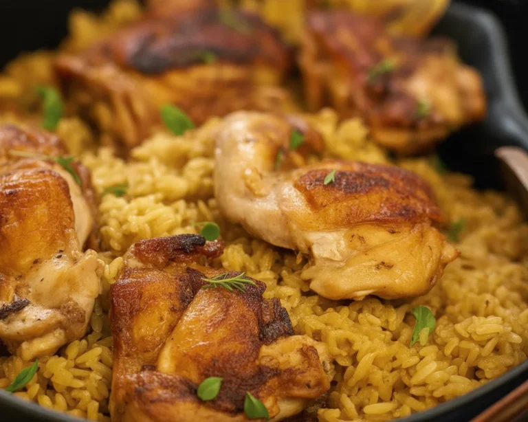 One pot chicken and rice with tender chicken thighs and flavorful spices in a skillet.
