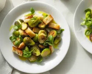 Brussels Sprout Caesar Salad with roasted sprouts, Caesar dressing, and crunchy toppings.