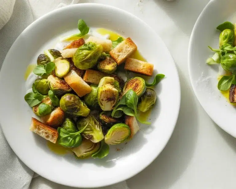 Brussels Sprout Caesar Salad with roasted sprouts, Caesar dressing, and crunchy toppings.