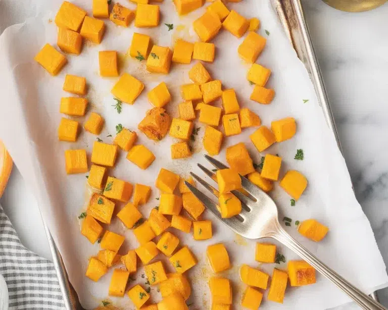 Oven roasted butternut squash cubes caramelized and golden brown on a baking sheet.