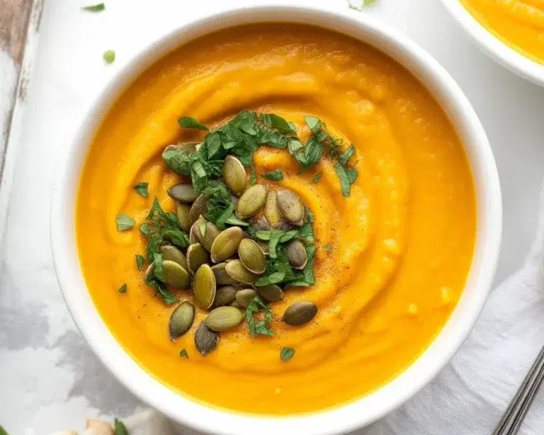 A bowl of creamy Roasted Butternut Squash Soup garnished with herbs.