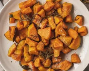 Easy roasted butternut squash parmesan with garlic and herbs on a plate.