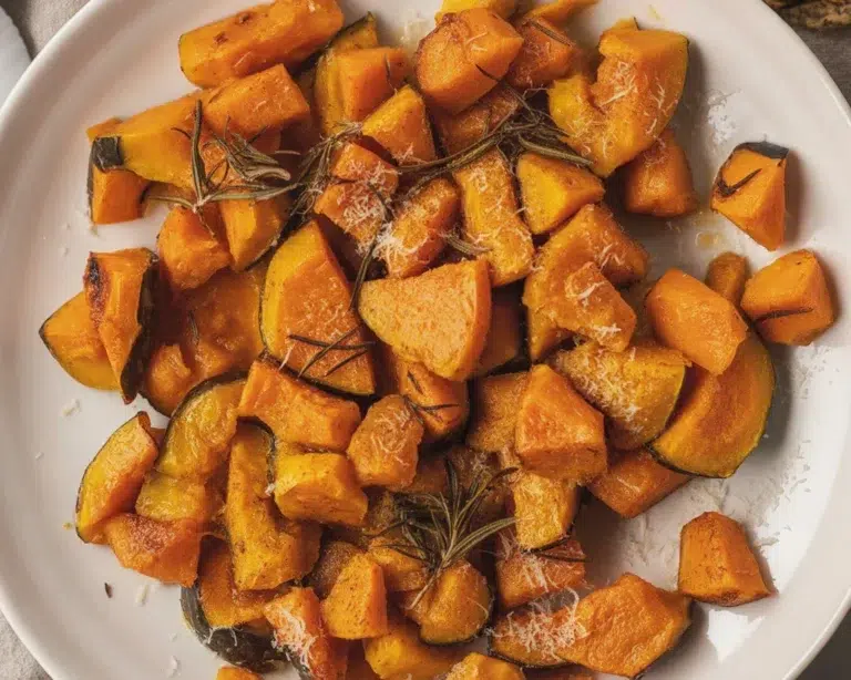 Easy roasted butternut squash parmesan with garlic and herbs on a plate.