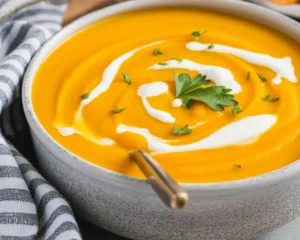Bowl of creamy roasted carrot ginger soup topped with fresh herbs and spices.