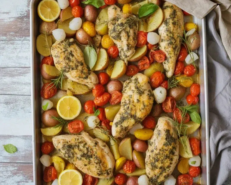 Sheet Pan Lemon Herb Chicken with colorful vegetables on a white marble countertop.