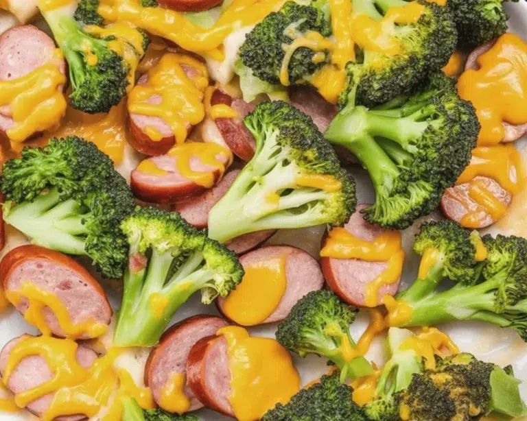Sheet pan sausage and broccoli with garlic, ready for roasting.