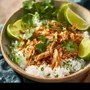 Slow Cooker Cilantro Lime Chicken garnished with lime and cilantro on a plate