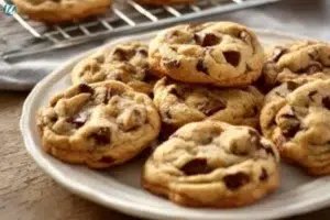 Freshly baked soft and chewy chocolate chip cookies on a cooling rack