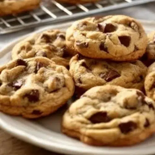 Freshly baked soft and chewy chocolate chip cookies on a cooling rack