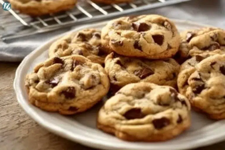 Freshly baked soft and chewy chocolate chip cookies on a cooling rack