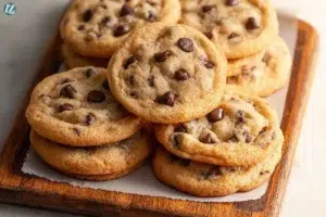 Freshly baked soft chocolate chip cookies on a cooling rack.