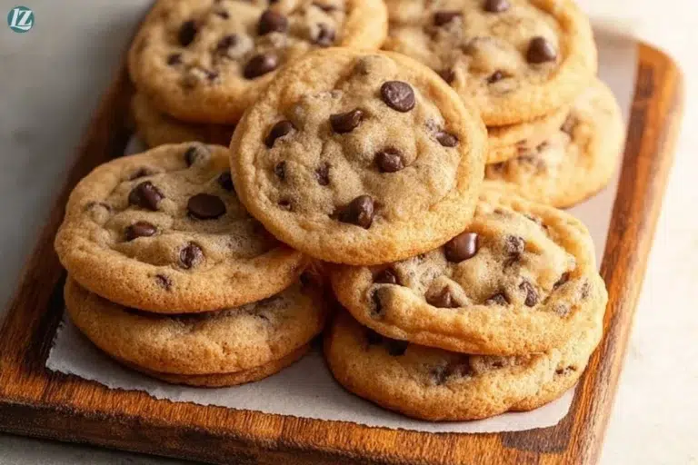 Freshly baked soft chocolate chip cookies on a cooling rack.
