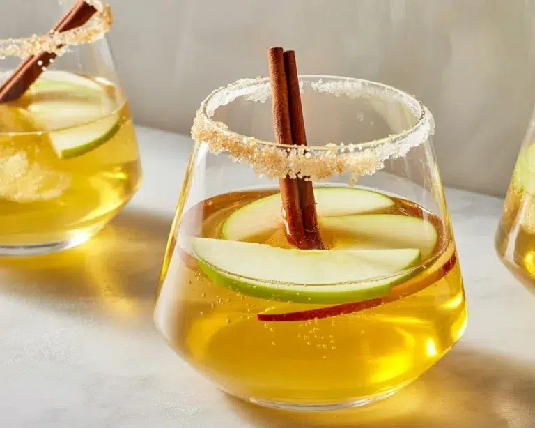 A refreshing glass of sparkling apple cider sangria with sliced apples and a festive garnish.