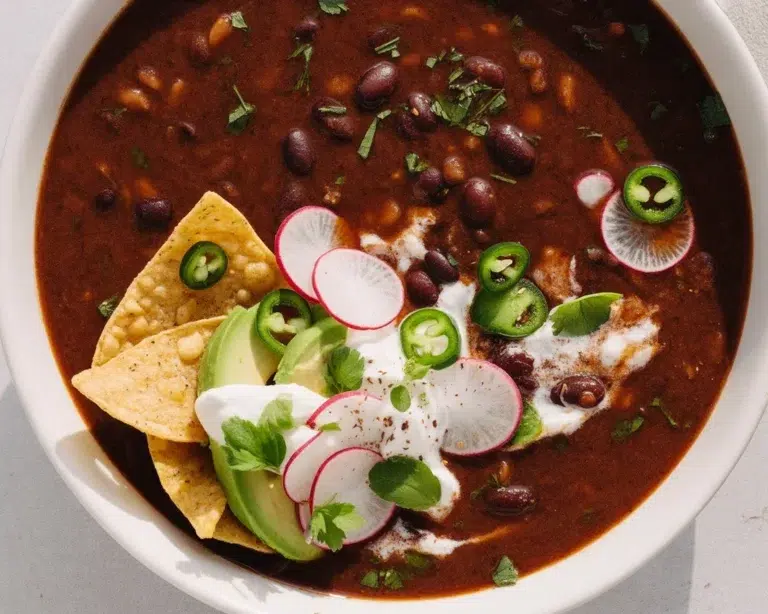 A steaming bowl of spicy black bean soup garnished with fresh herbs and avocado.