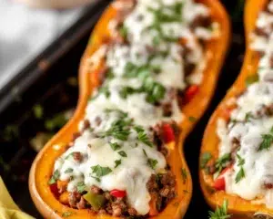 Delicious Stuffed Butternut Squash with spicy sausage, cheese, and fresh veggies.