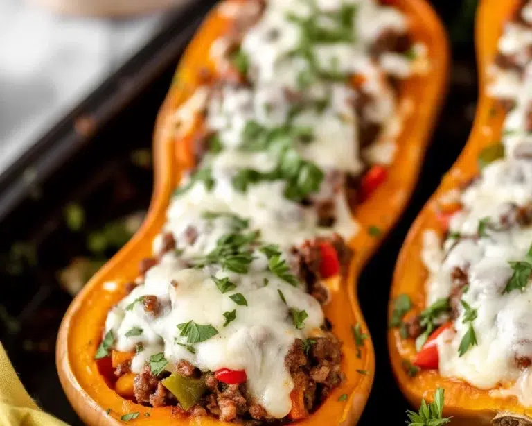 Delicious Stuffed Butternut Squash with spicy sausage, cheese, and fresh veggies.