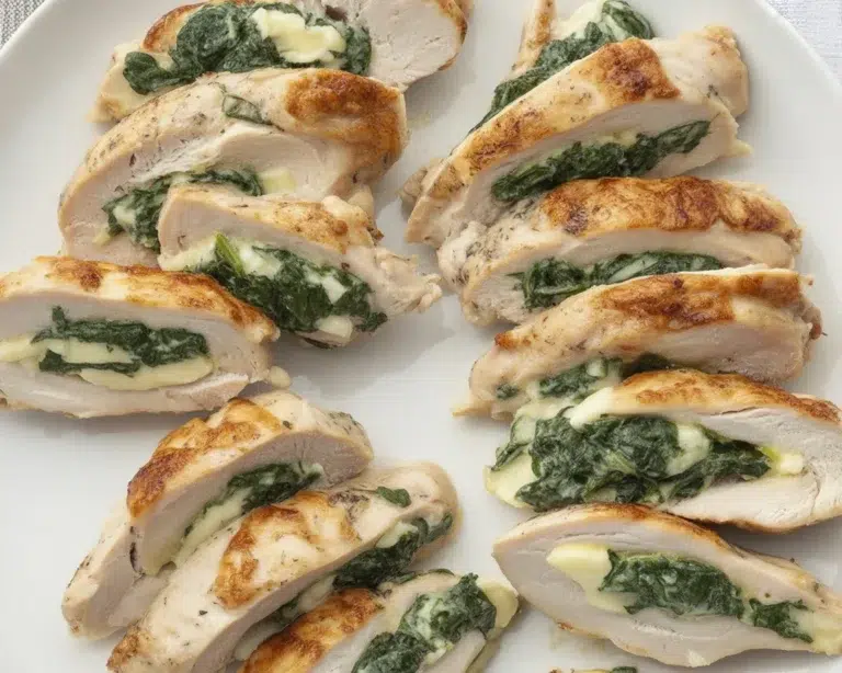 Juicy Stuffed Chicken Breast filled with spinach, cheese, and garlic, baked to perfection.