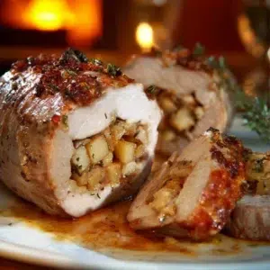 Stuffed pork tenderloin recipe with herbs and spices on a plate