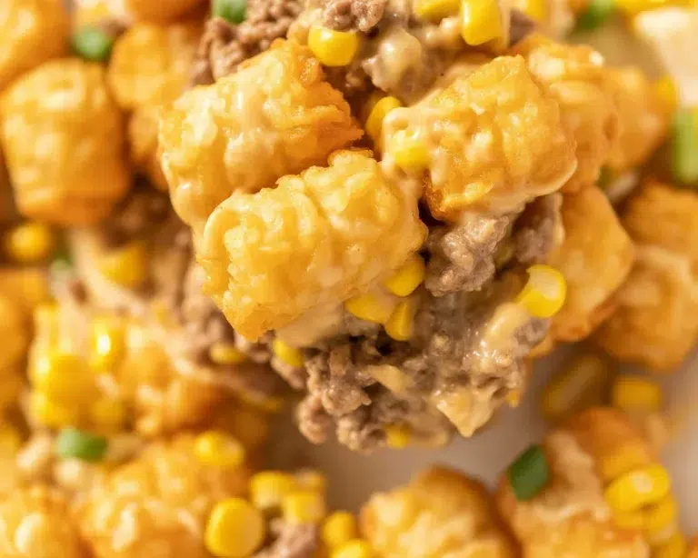 Delicious Tater Tot casserole topped with cheddar cheese, ground beef, and crispy tater tots.