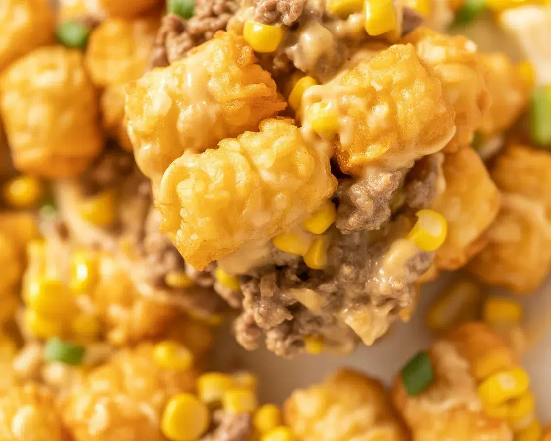 Delicious Tater Tot casserole topped with cheddar cheese, ground beef, and crispy tater tots.