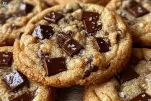 Thick and chewy loaded chocolate chip cookies stacked on a plate