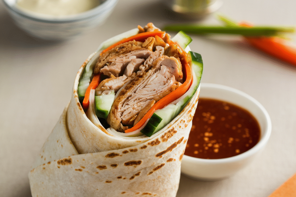 General Tso’s Chicken Wrap: Takeout Flavor, Weeknight Easy 2 Halved General Tso’s chicken wrap showing crispy chicken, slaw, avocado, spicy mayo