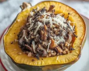 Stuffed acorn squash with cheesy quinoa filling, fresh herbs, and served hot.