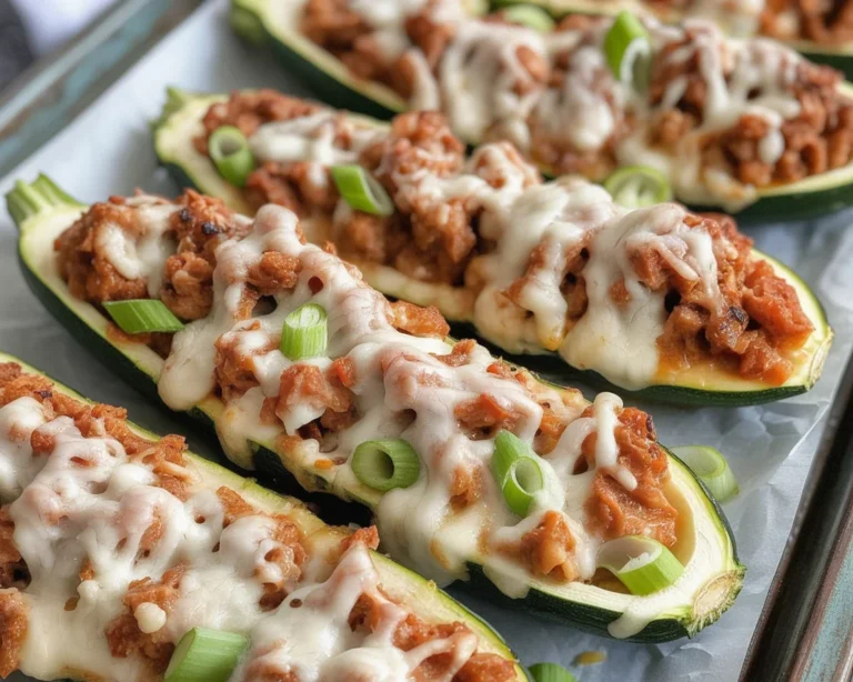 Healthy turkey stuffed zucchini boats topped with melted cheese for a delicious meal.