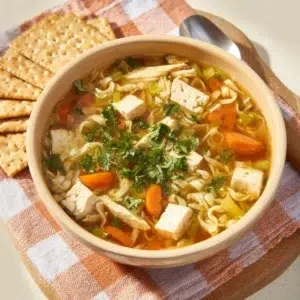 A steaming bowl of ultimate chicken noodle soup garnished with herbs.