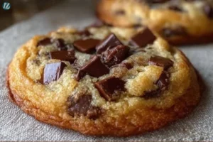 Ultra thick bakery style chocolate chip cookies on a cooling rack.