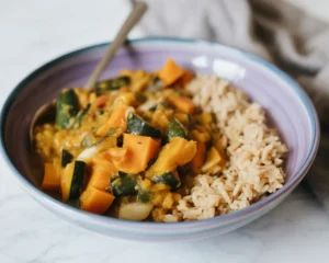 Delicious Vegan Butternut Squash Curry with spinach, chickpeas, and aromatic spices.