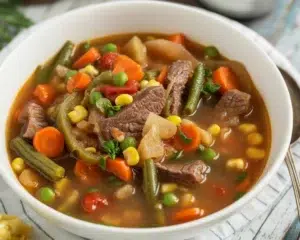 Bowl of hearty Vegetable Beef Soup with tender beef and colorful vegetables.
