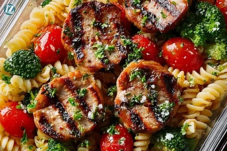 15-minute chicken sausage pasta meal prep bowl with veggies and sauce