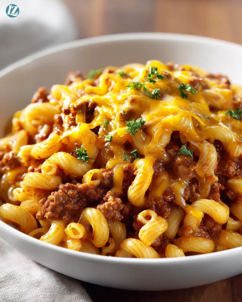 American Goulash Recipe for Easy, Comforting Weeknight Dinners 4 American goulash served in a bowl with cheese garnish