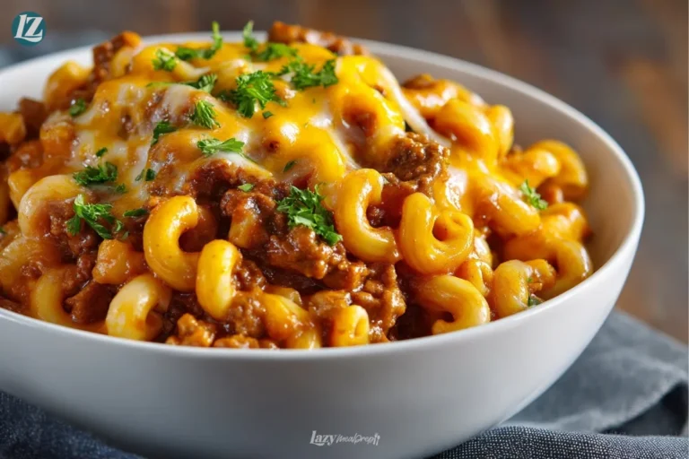 American goulash served in a bowl with cheese garnish