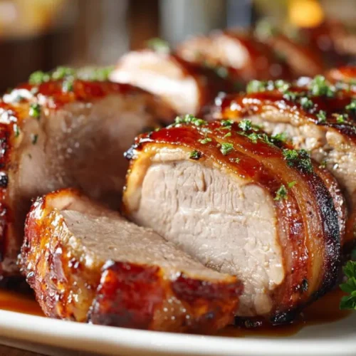 Bacon Wrapped Pork Tenderloin Recipe for Crispy Juicy Flavor 5 Final sliced Bacon Wrapped Pork Tenderloin on plate