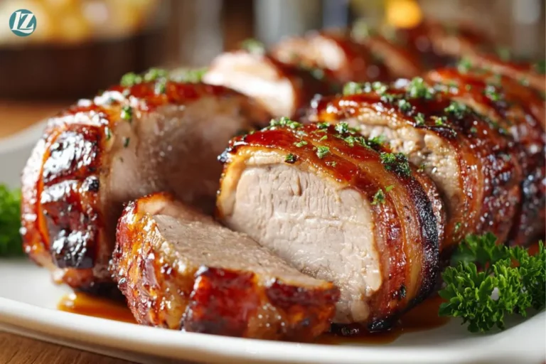 Final sliced Bacon Wrapped Pork Tenderloin on plate