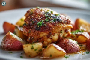 Baked Chicken Thighs and Potatoes Recipe final serving 45 degree