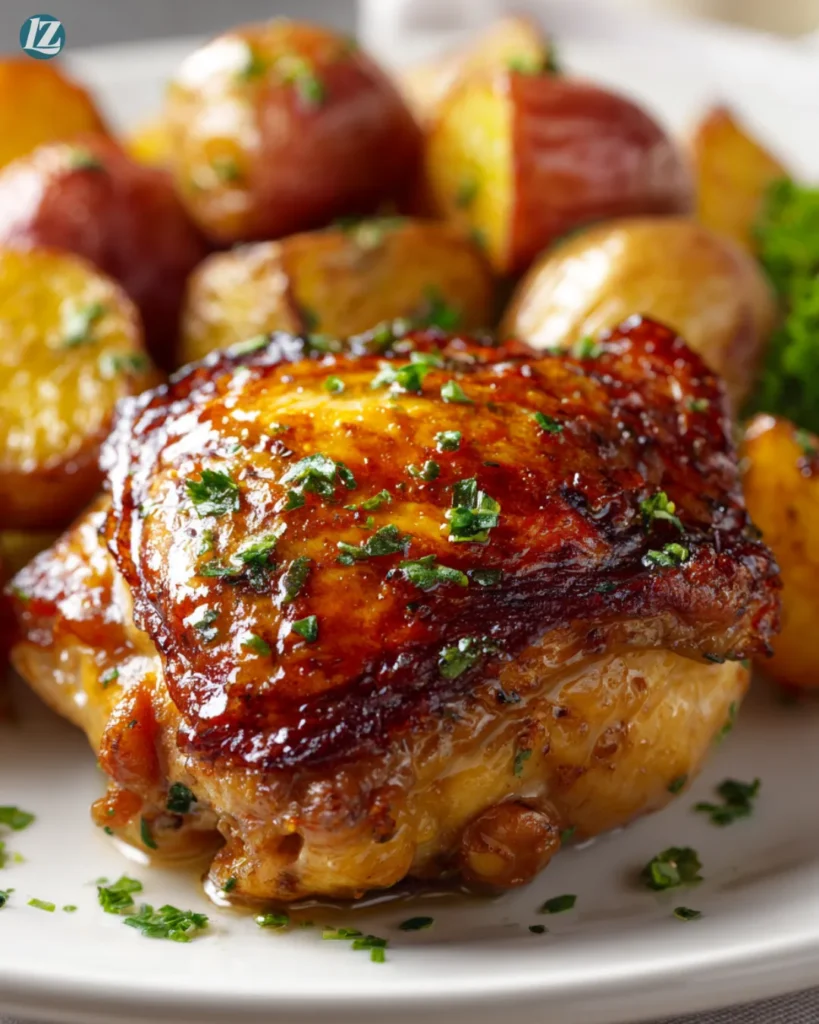 Baked Chicken Thighs and Potatoes Recipe final serving 45 degree