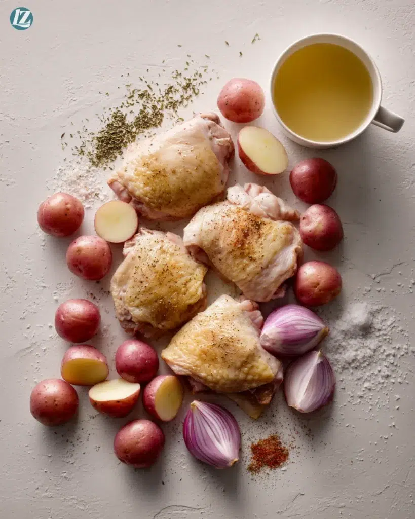 Baked Chicken Thighs and Potatoes Recipe ingredients overhead