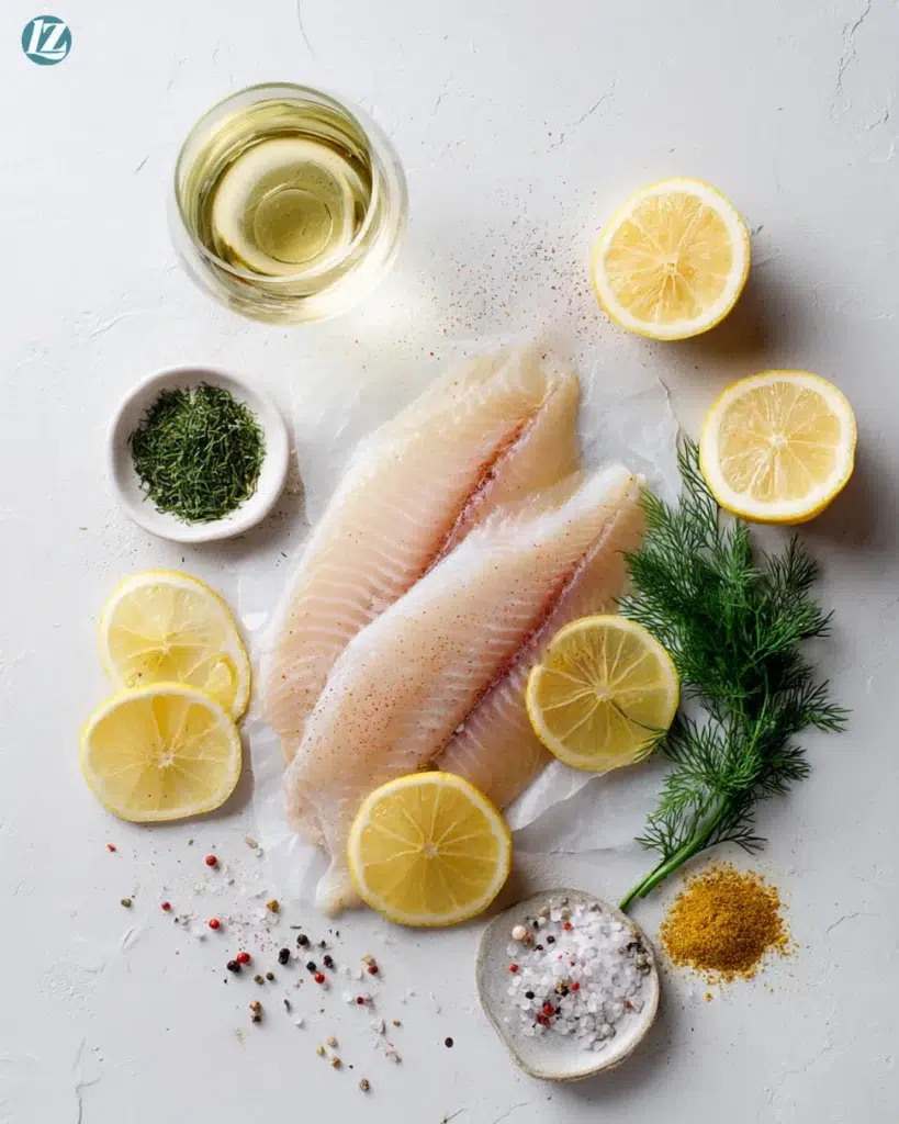 Baked tilapia recipe ingredients overhead view