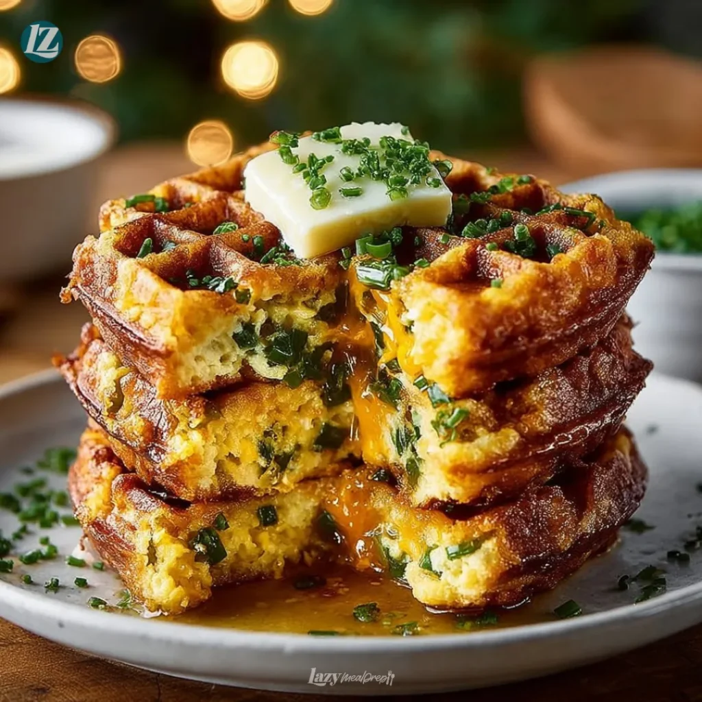 Cheddar Jalapeño Cornbread Waffles for Spicy Comfort 2 Cheddar Jalapeño Cornbread Waffles stacked on a plate with syrup